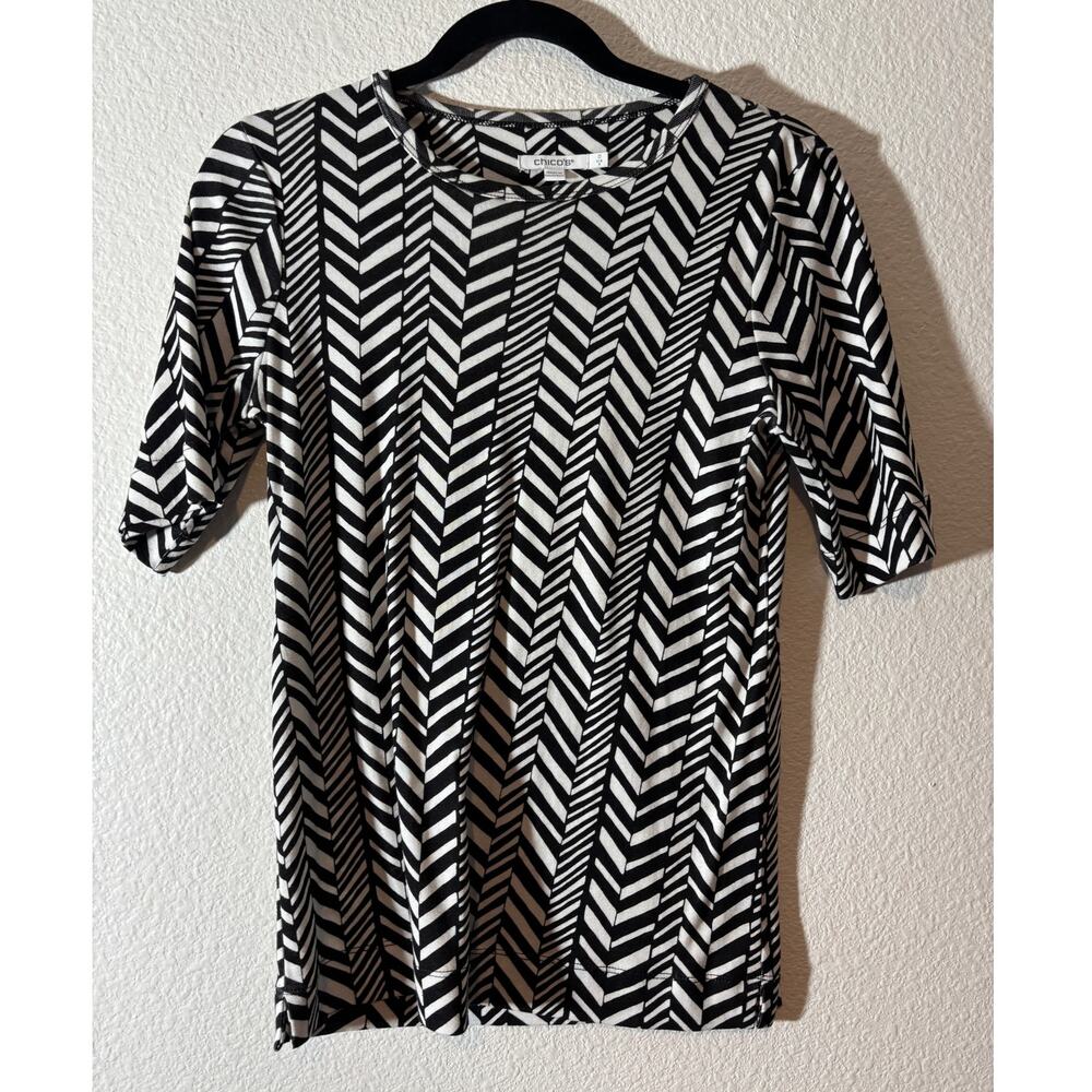 Chico's Size 0 (S) Black White Geometric Round Neck Short Sleeve Pima Cotton Top
